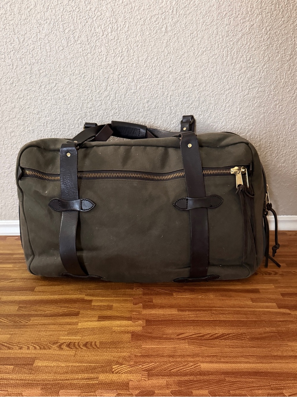 Filson Olive Green Canvas Duffel with Dark Brown Leather Trim